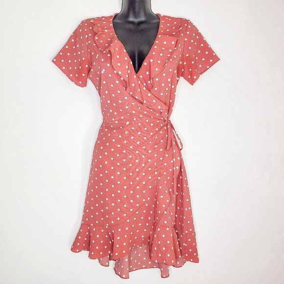 Miley + Molly Dresses & Skirts - Miley + Molly Pink Retro Polka Dot Ruffle Trim Pin Up 50s True Wrap Dress Size M